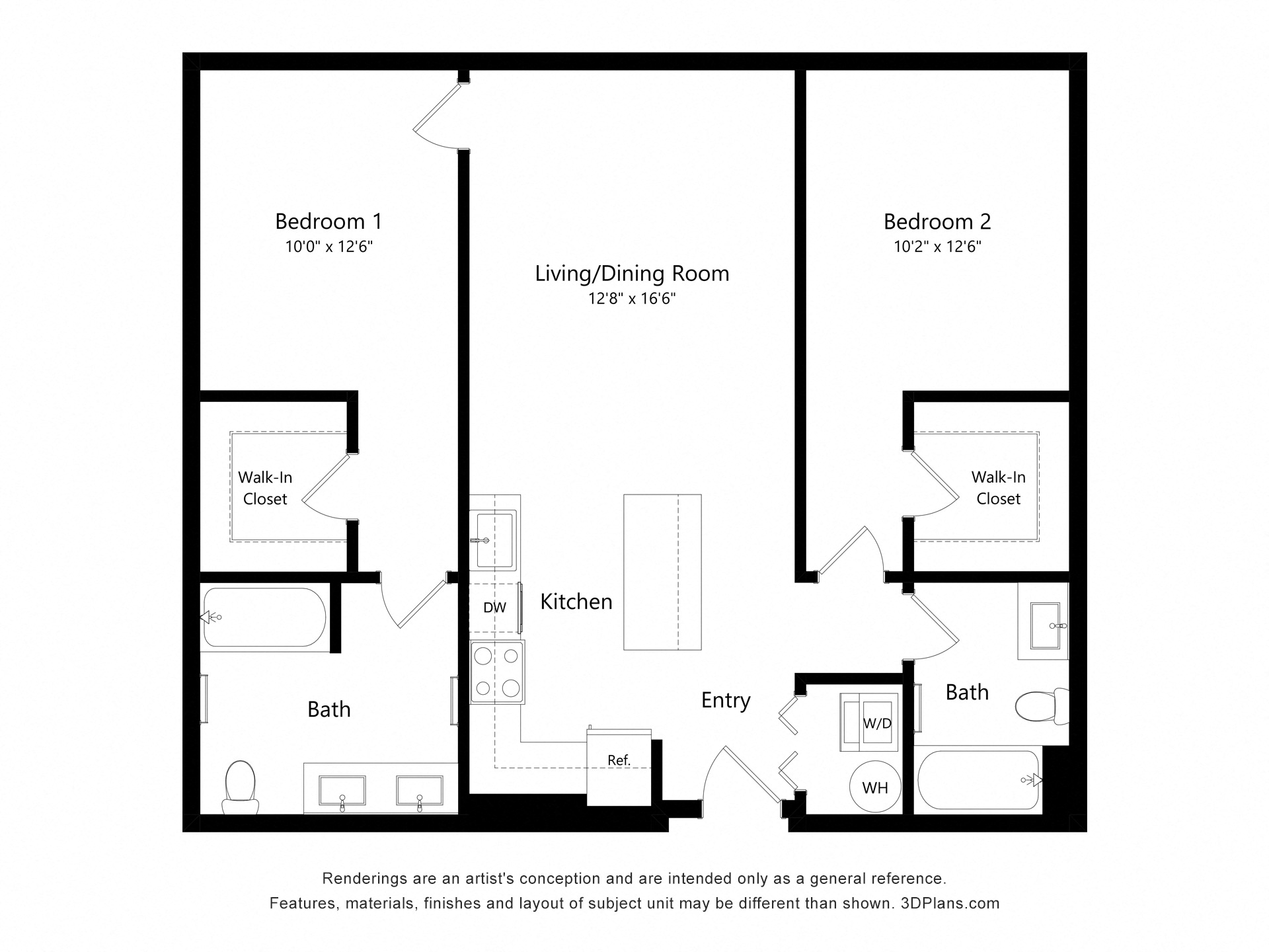 Floor plan for 2 beds, 2 baths, 1078 sqft